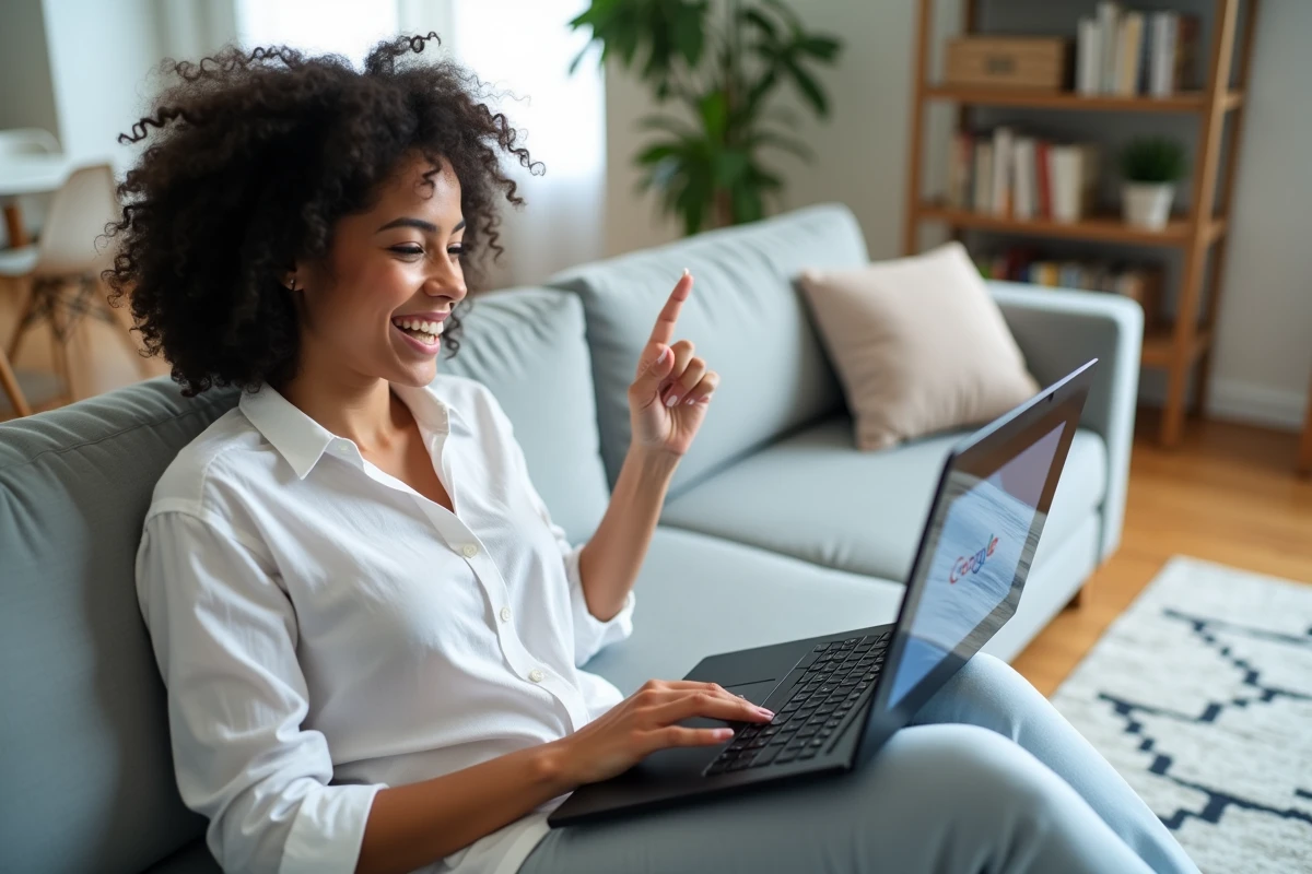 Femme souriante tenant un laptop affichant l'animation barrel roll sur Google depuis un canapé moderne