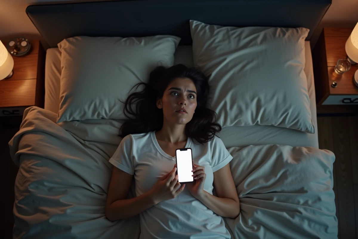 Jeune femme allongée dans son lit la nuit, fixant le plafond avec son téléphone sur la poitrine, perdue dans ses pensées
