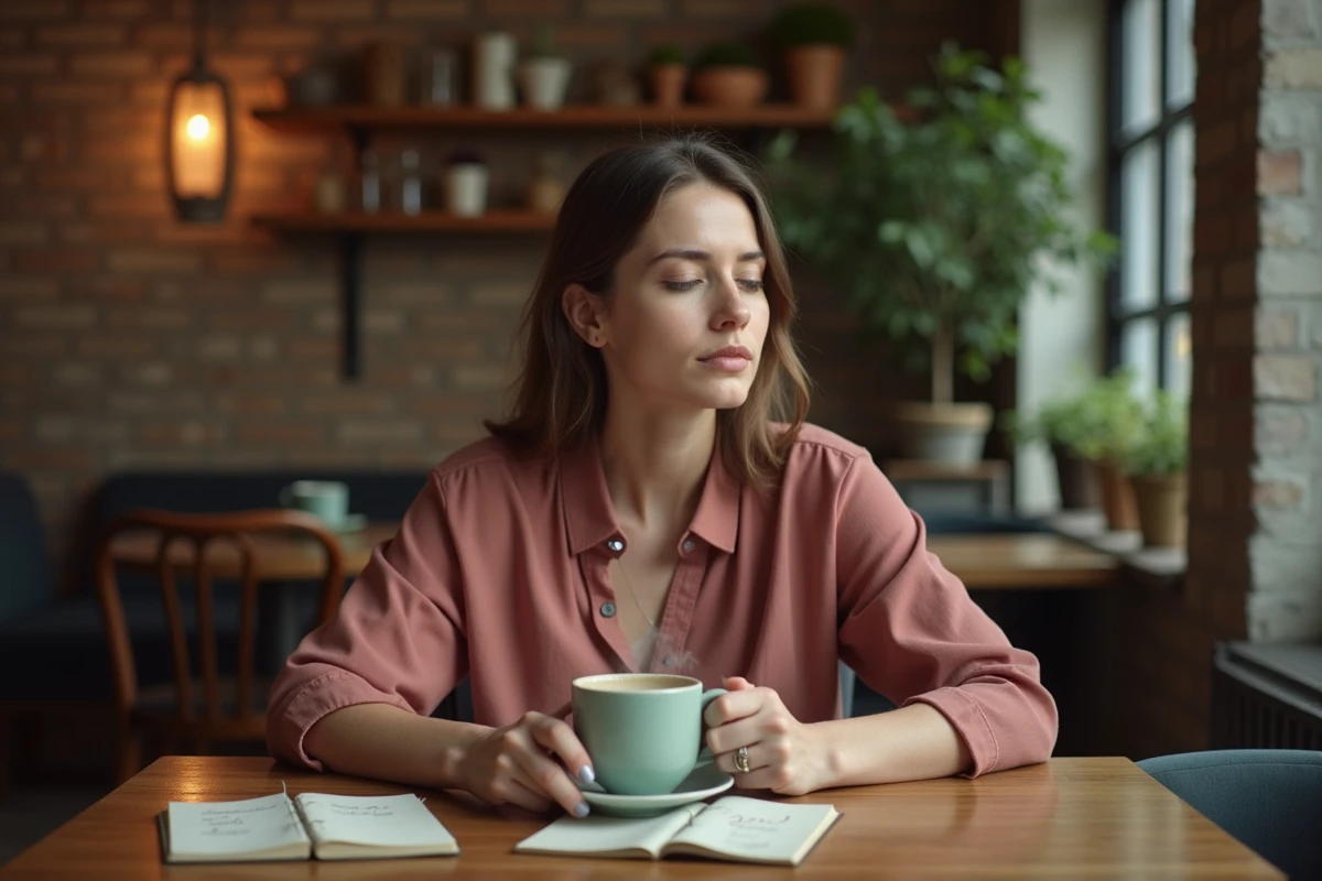 Femme méditant sur la signification du 2222 dans un café chaleureux, journal ouvert avec des notes sur les flammes jumelles et la spiritualité