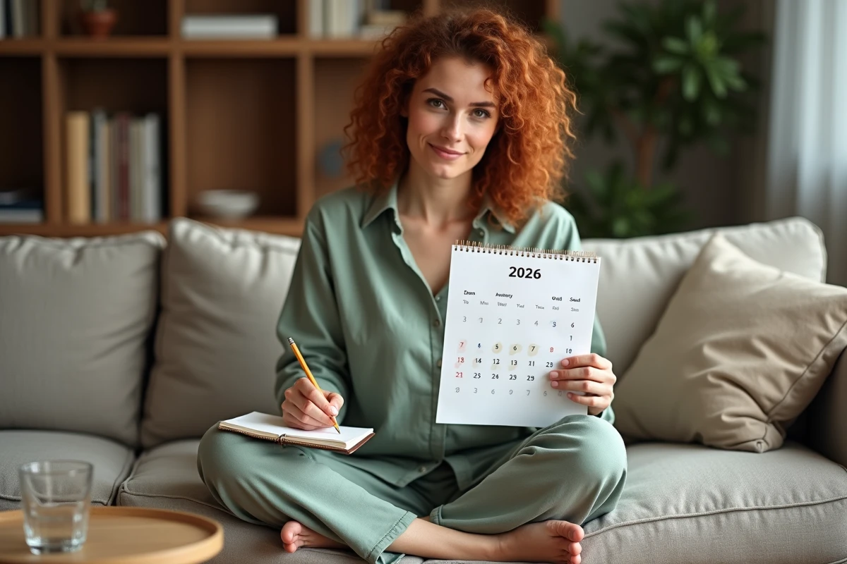 Femme consultant un PDF imprimé de calendrier 2026 avec semaines paires et impaires sur un canapé