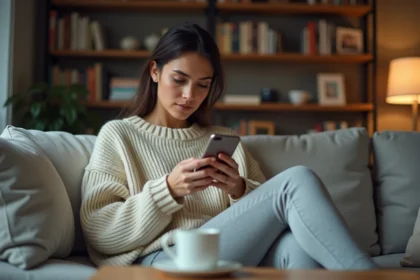 Jeune femme seule sur un canapé regardant ses stories sur son téléphone avec une expression mélancolique