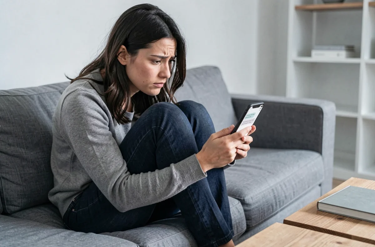 Femme seule scrutant son téléphone sans réponse, symbolisant l'anxiété face au silence d'un partenaire narcissique