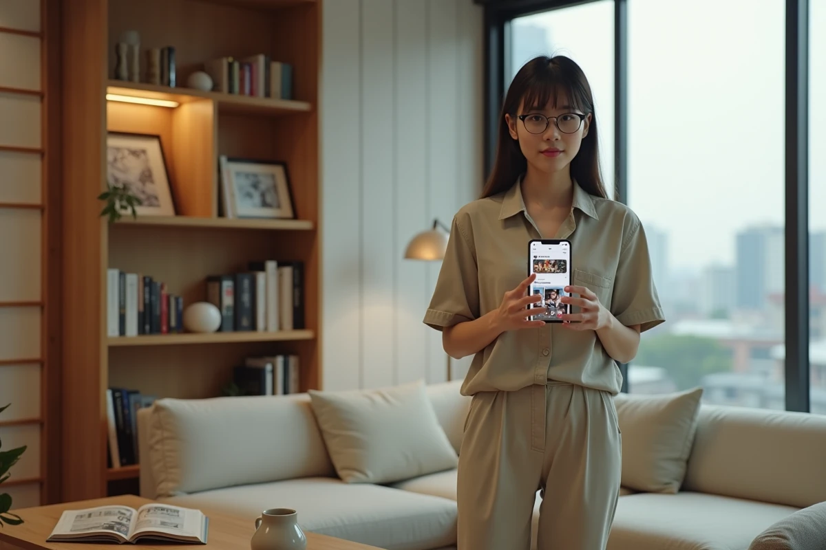 Jeune femme consultant les actualités de la saison 2 de Tengoku Daimakyou sur son smartphone dans un intérieur de style japonais moderne