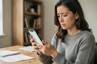 Femme inquiète tenant un smartphone affichant des données personnelles, illustrant les risques de confidentialité liés au numéro 118 712