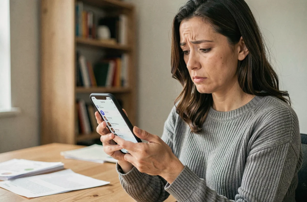 Femme inquiète tenant un smartphone affichant des données personnelles, illustrant les risques de confidentialité liés au numéro 118 712