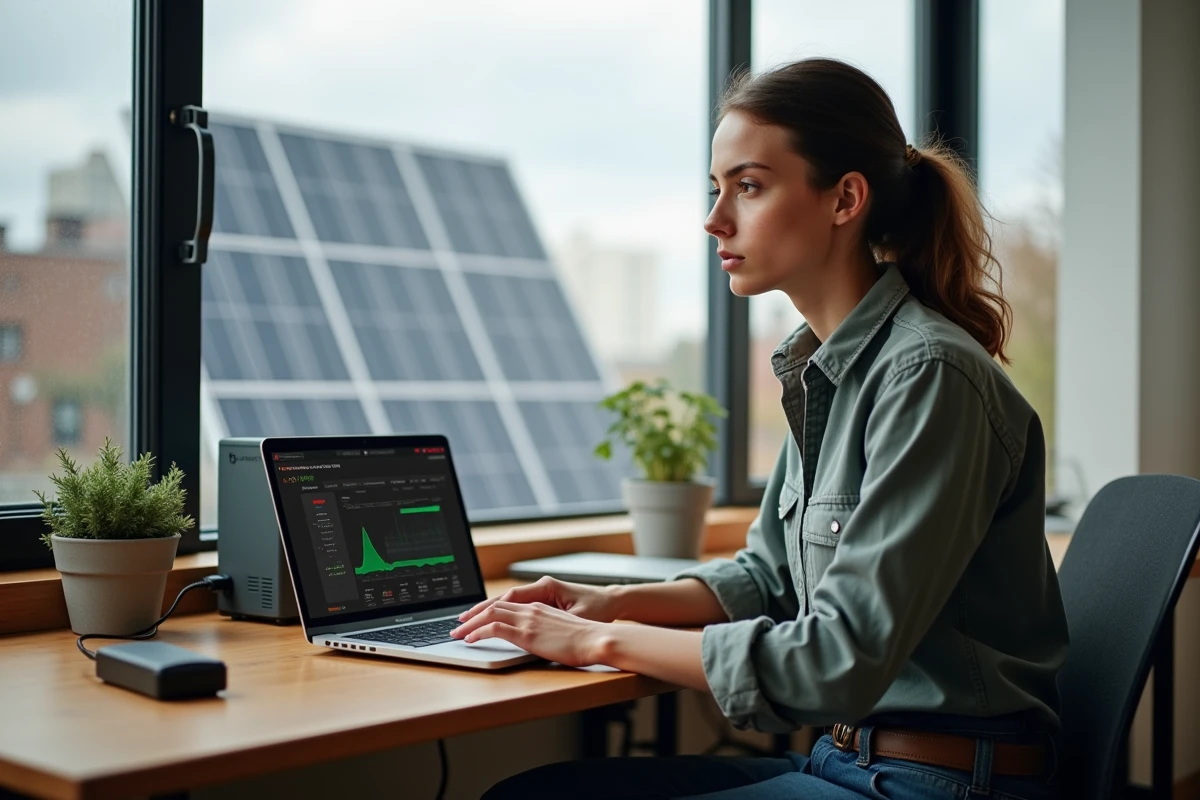 Femme surveillant une batterie solaire à son bureau intérieur