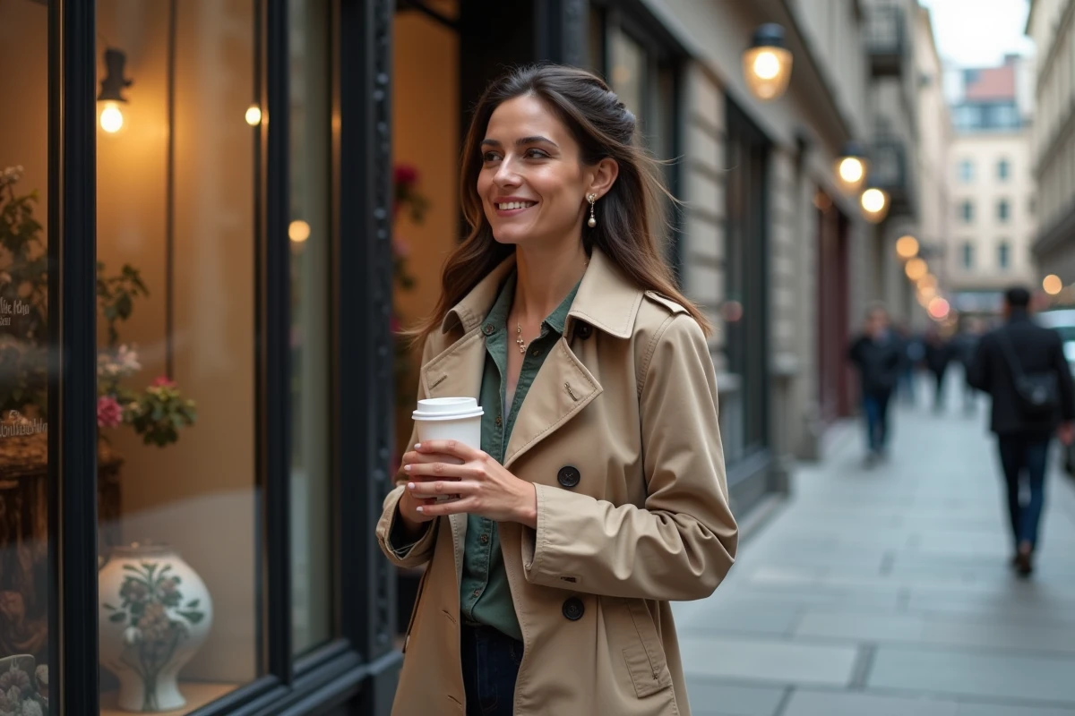 Femme en trench marchant devant une galerie d