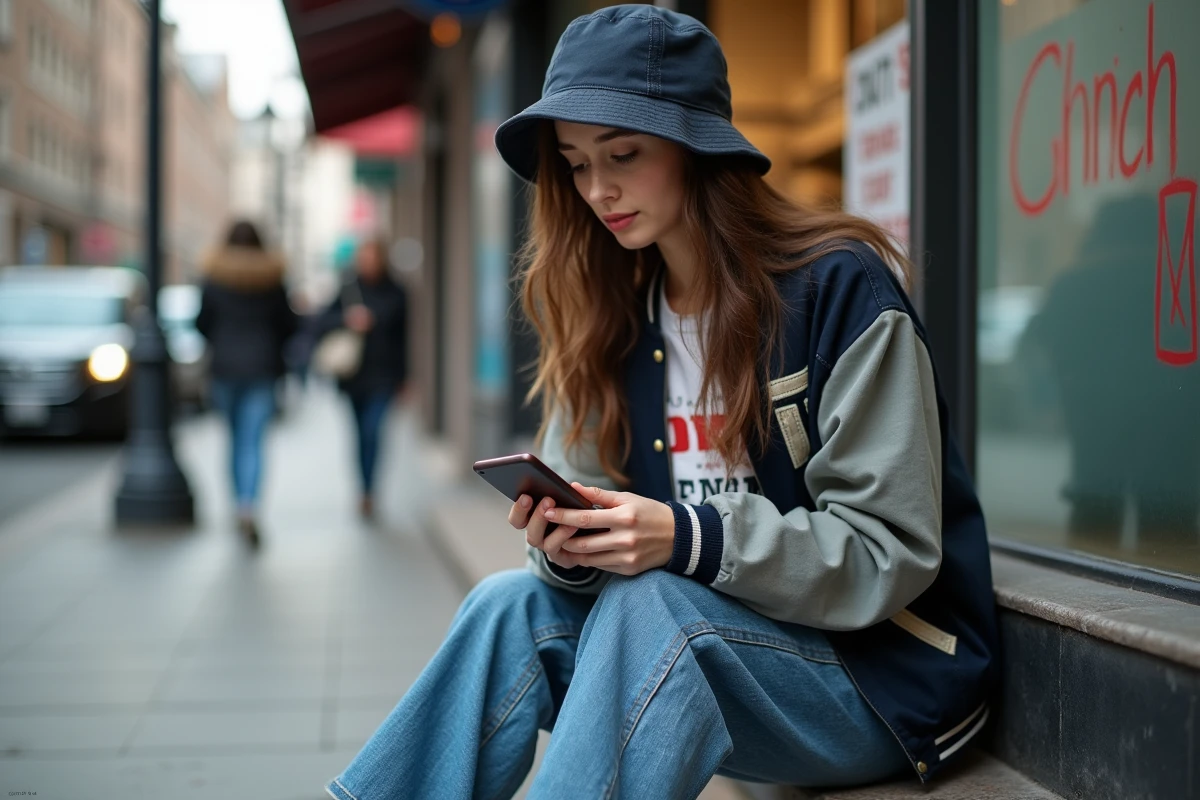 Jeune femme assise dans la rue avec smartphone et style street