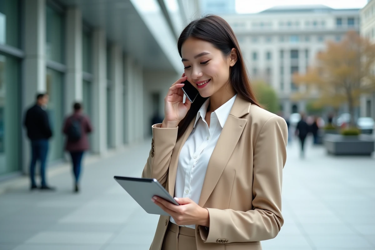 Jeune femme en ville parlant au téléphone avec une tablette