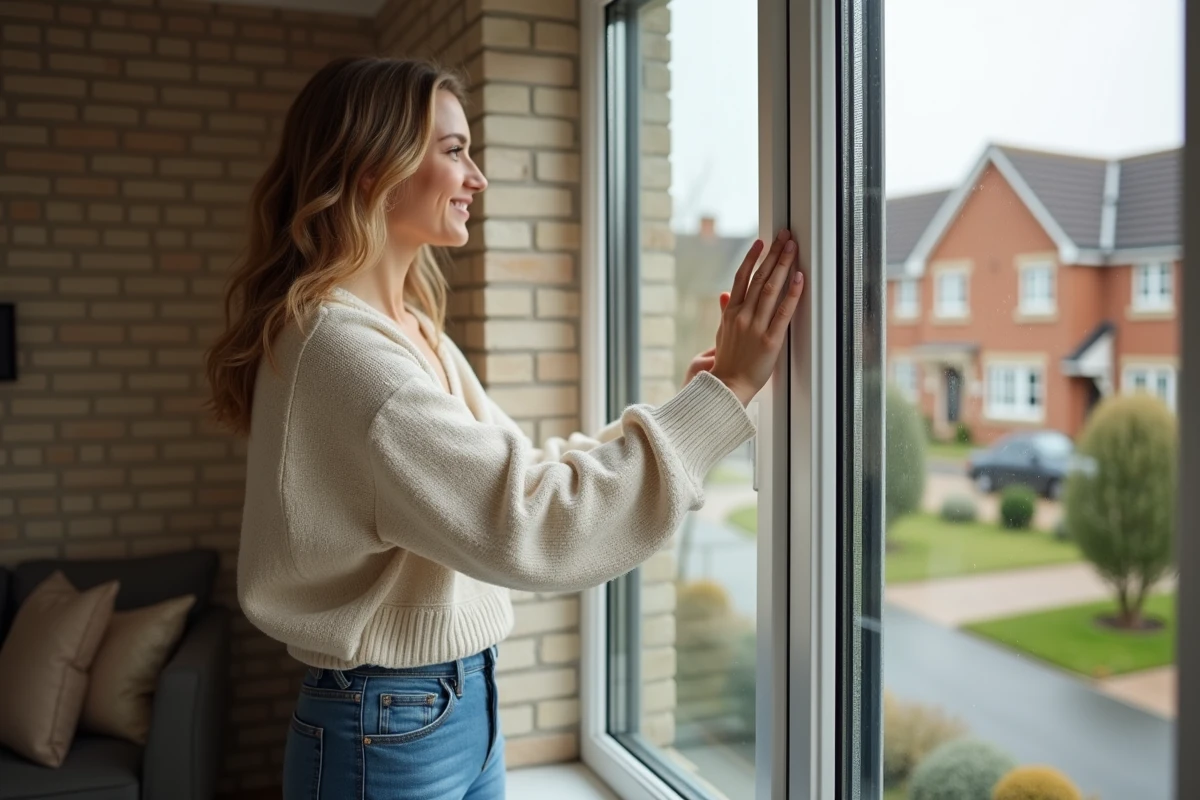 Jeune femme examine nouvelle fenetre double vitrage