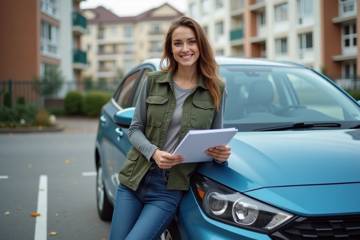 Jeune femme souriante avec voiture en ville