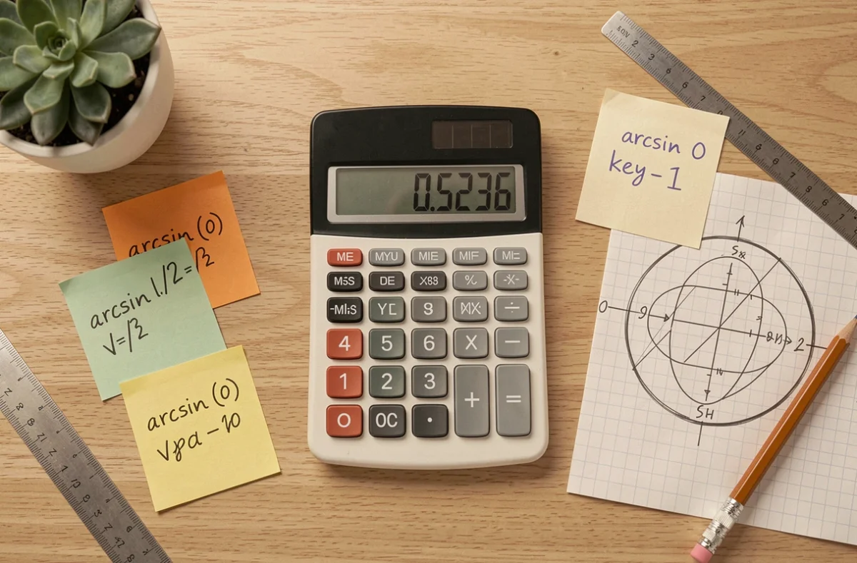 Vue de dessus d'une calculatrice scientifique et de fiches mémos avec les valeurs clés de la fonction arcsin