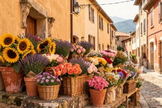Étal de fleurs coloré dans un village des Pyrénées-Orientales avec des fleurs méditerranéennes variées et des façades catalanes en arrière-plan