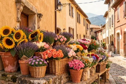 Étal de fleurs coloré dans un village des Pyrénées-Orientales avec des fleurs méditerranéennes variées et des façades catalanes en arrière-plan