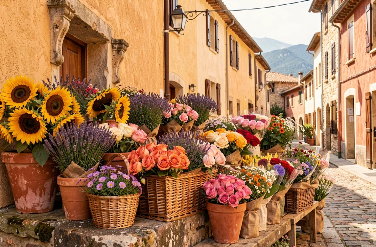 Étal de fleurs coloré dans un village des Pyrénées-Orientales avec des fleurs méditerranéennes variées et des façades catalanes en arrière-plan