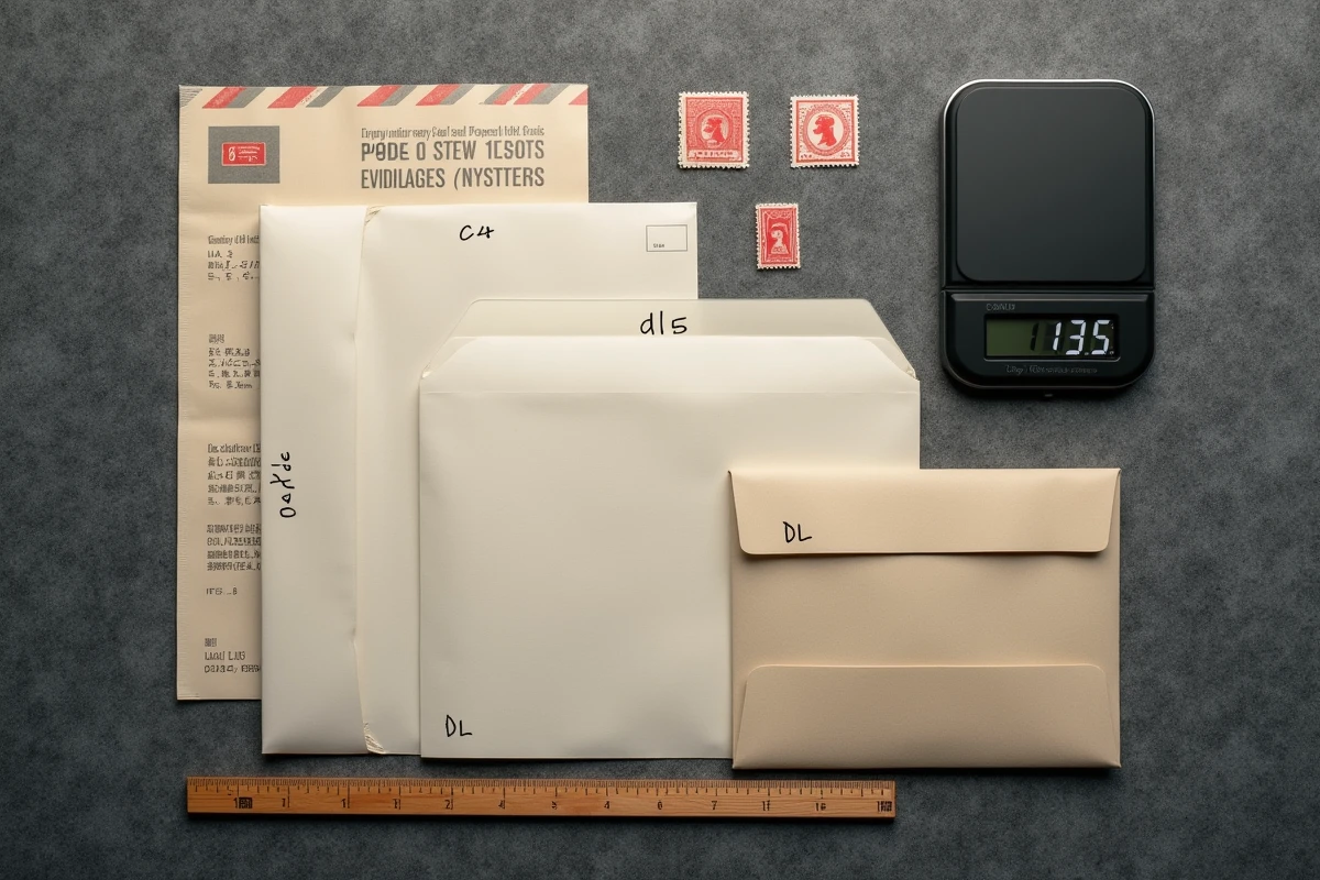 Vue de dessus de plusieurs formats d'enveloppes C4 C5 DL avec balance postale et timbres sur fond gris