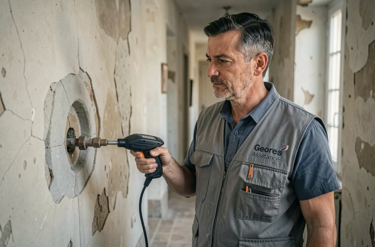 Technicien Georges Assistances détectant une fuite sur une canalisation exposée dans un couloir d'immeuble