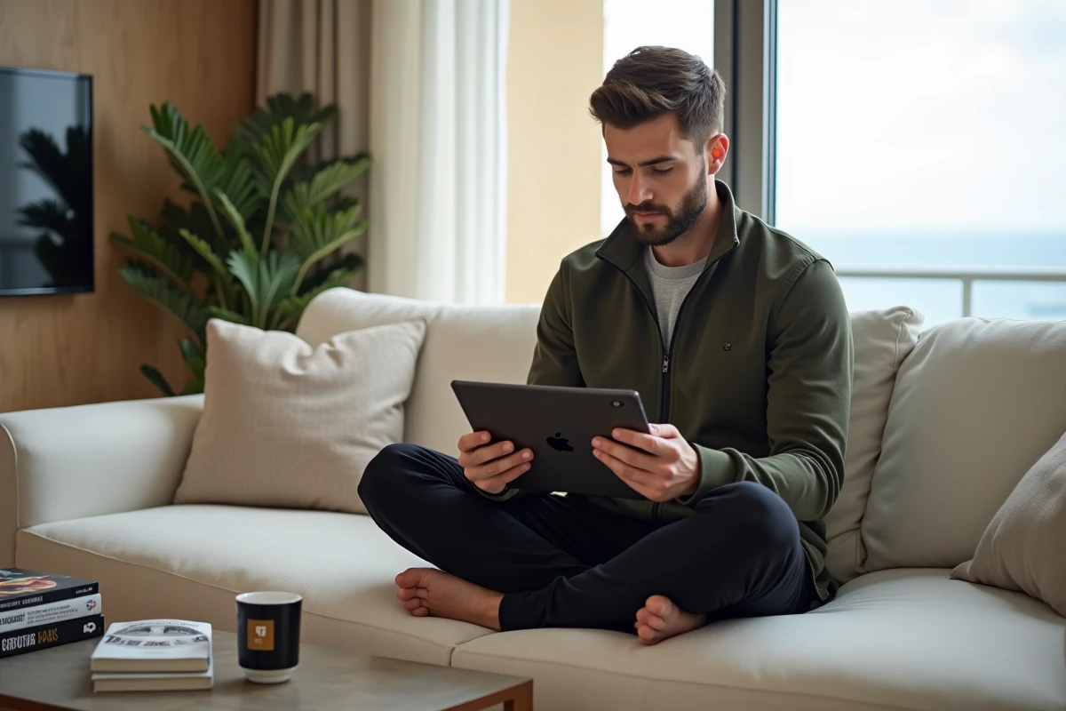 Youtubeur analysant les statistiques de sa chaîne YouTube sur une tablette dans un appartement moderne à Monaco avec vue sur la mer