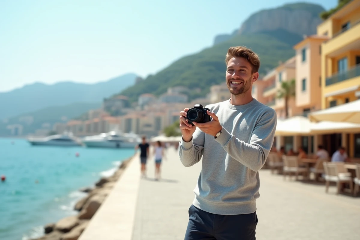 Créateur de contenu en train de se filmer en vlog sur la promenade de Monaco avec la mer Méditerranée en arrière-plan