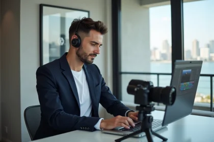 Youtubeur professionnel installé dans son studio moderne avec vue sur la mer, ajustant son équipement de tournage devant un ordinateur portable