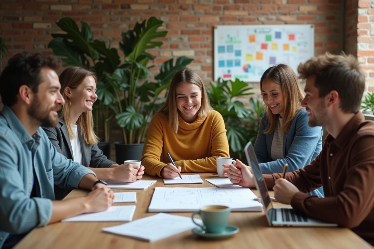 Groupe de jeunes professionnels discutant autour d