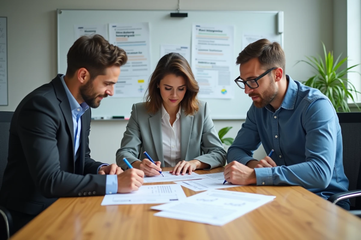 Groupe de professionnels discutant de traductions dans un espace collaboratif