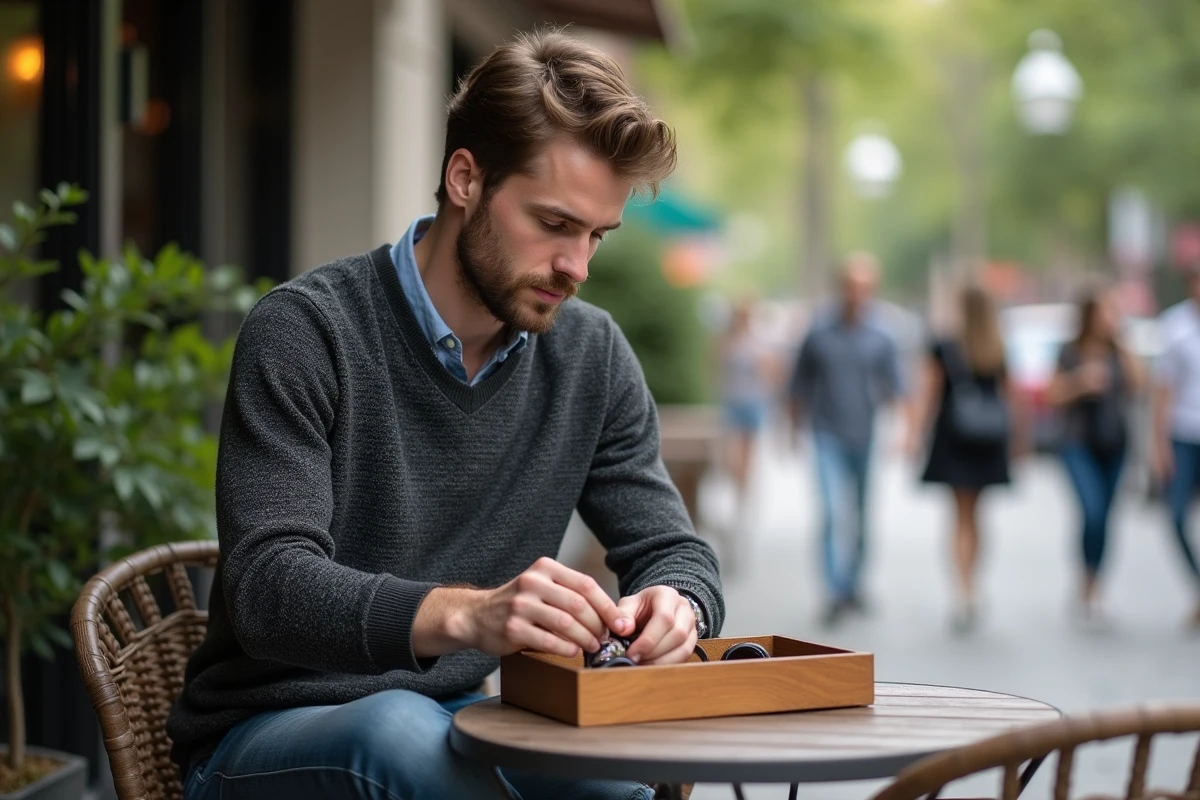 Homme choisissant des accessoires dans un café urbain
