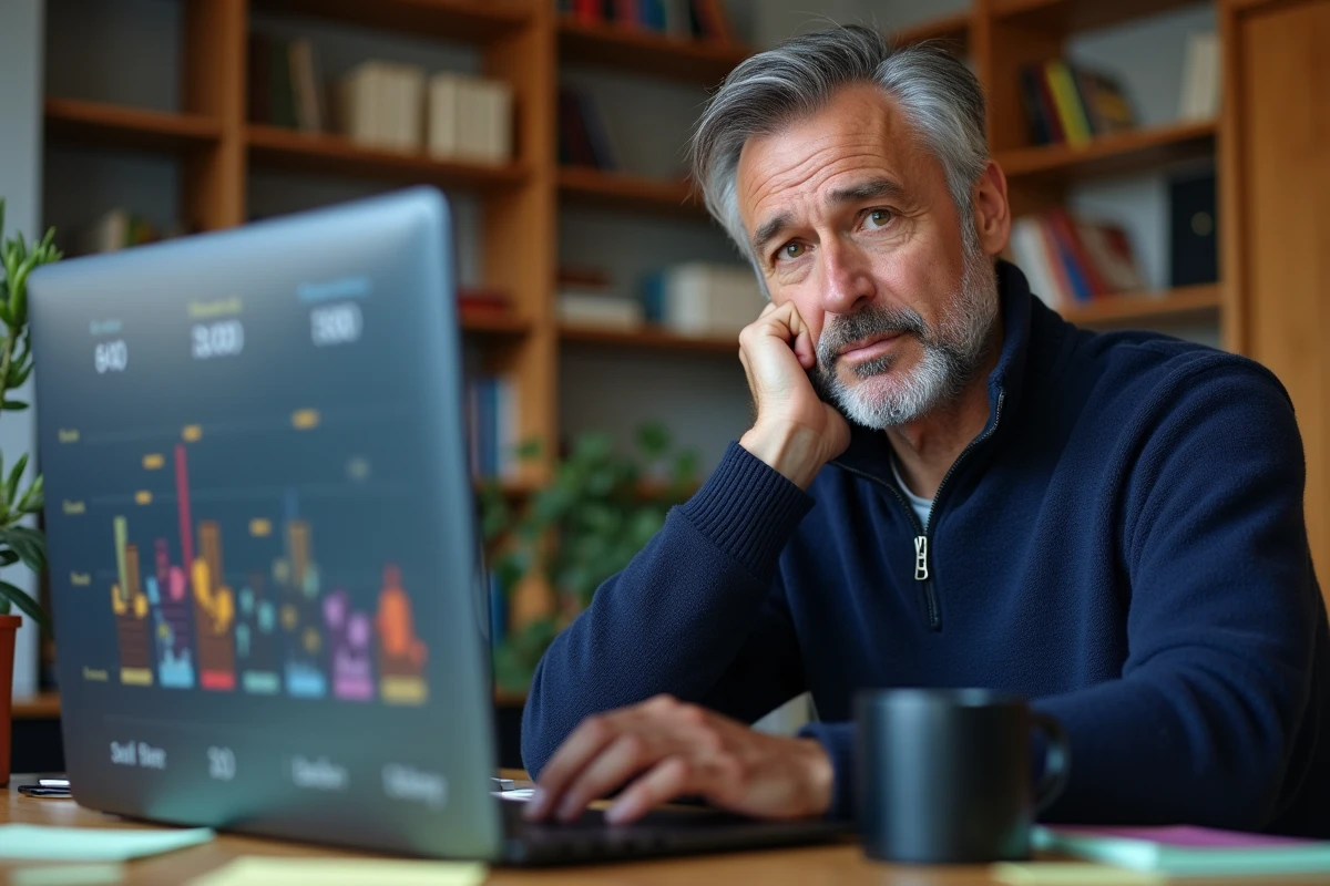 Homme analysant ses performances sur Monopoly GO dans un bureau à domicile