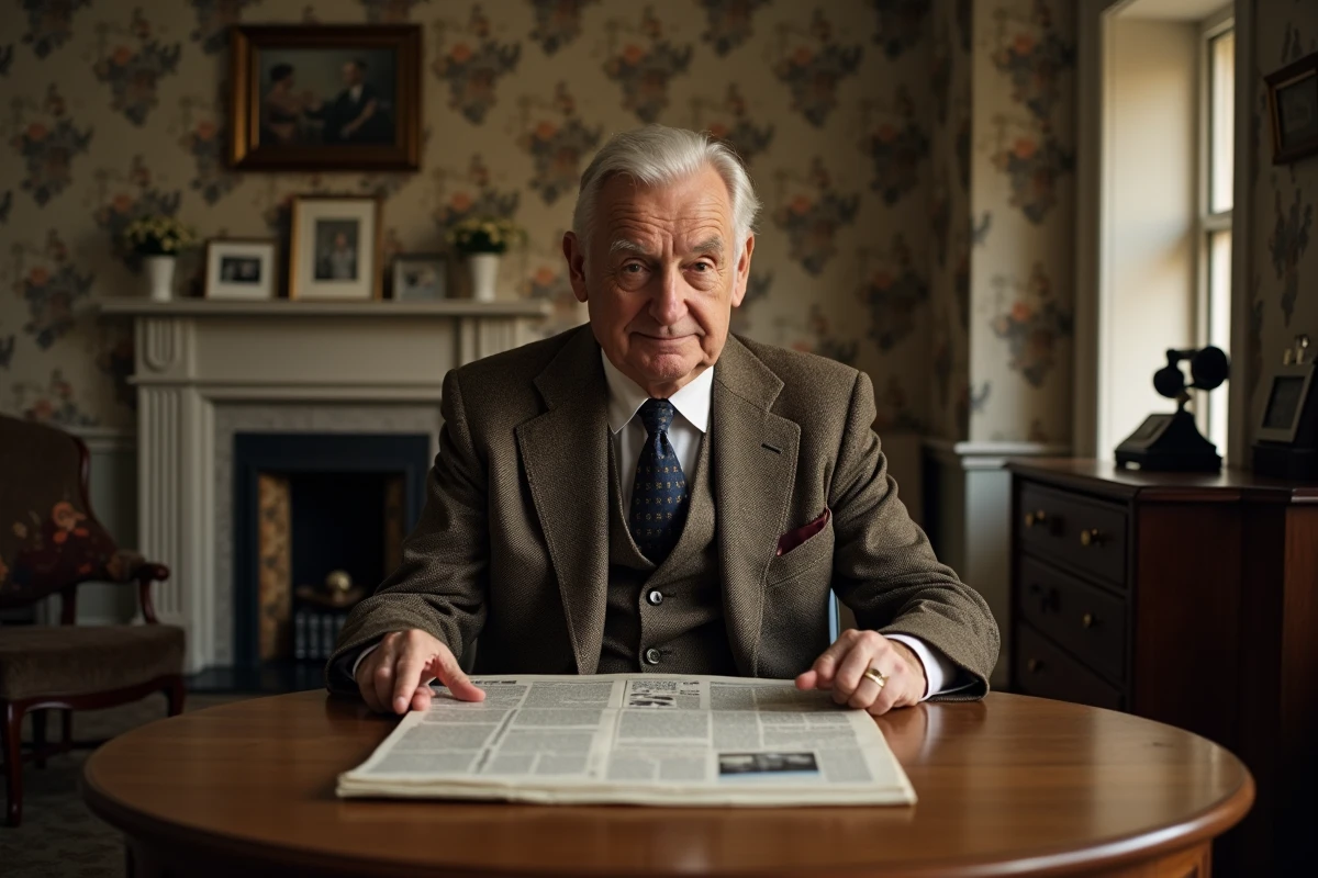 Homme âgé en costume dans un salon vintage années 40