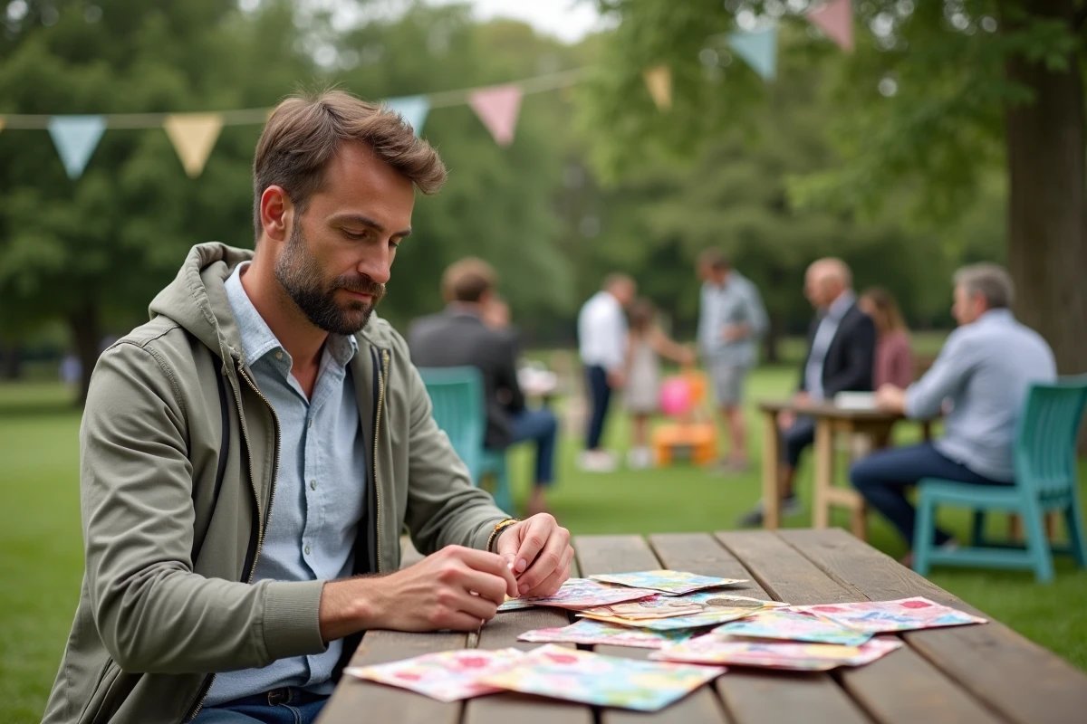 Homme comptant enveloppes et pièces lors d’un pique-nique