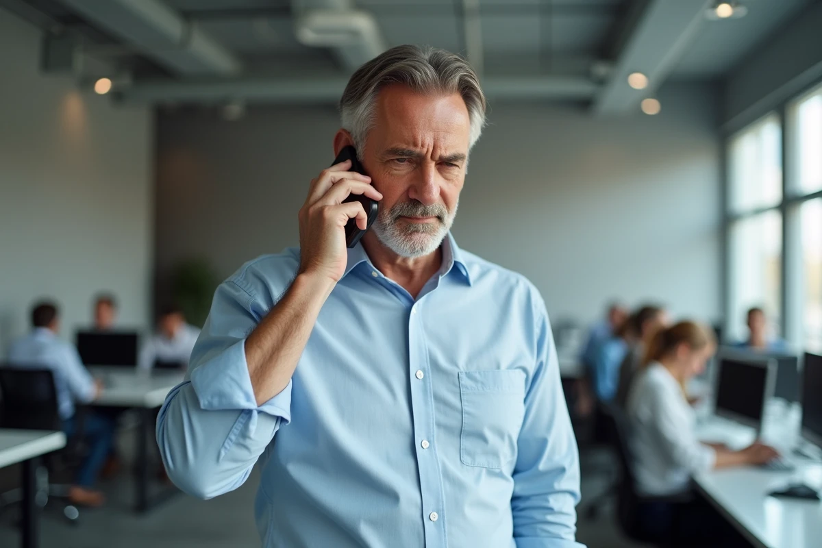Homme en bureau recevant un appel harcelant sur son smartphone, illustrant le harcèlement téléphonique au travail
