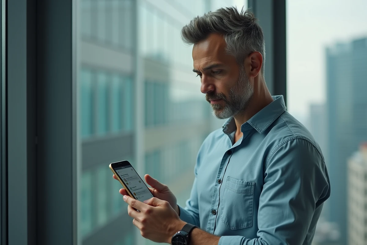 Homme dans un bureau moderne consultant une application de messagerie avec des horaires de fuseaux horaires différents pour coordonner avec la Réunion