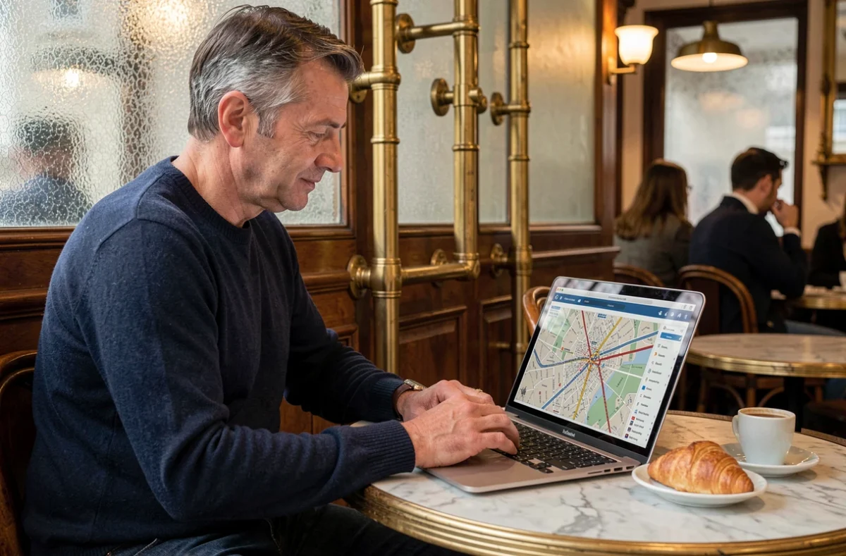 Homme consultant une carte PDF des bus parisiens sur un ordinateur portable dans un café parisien