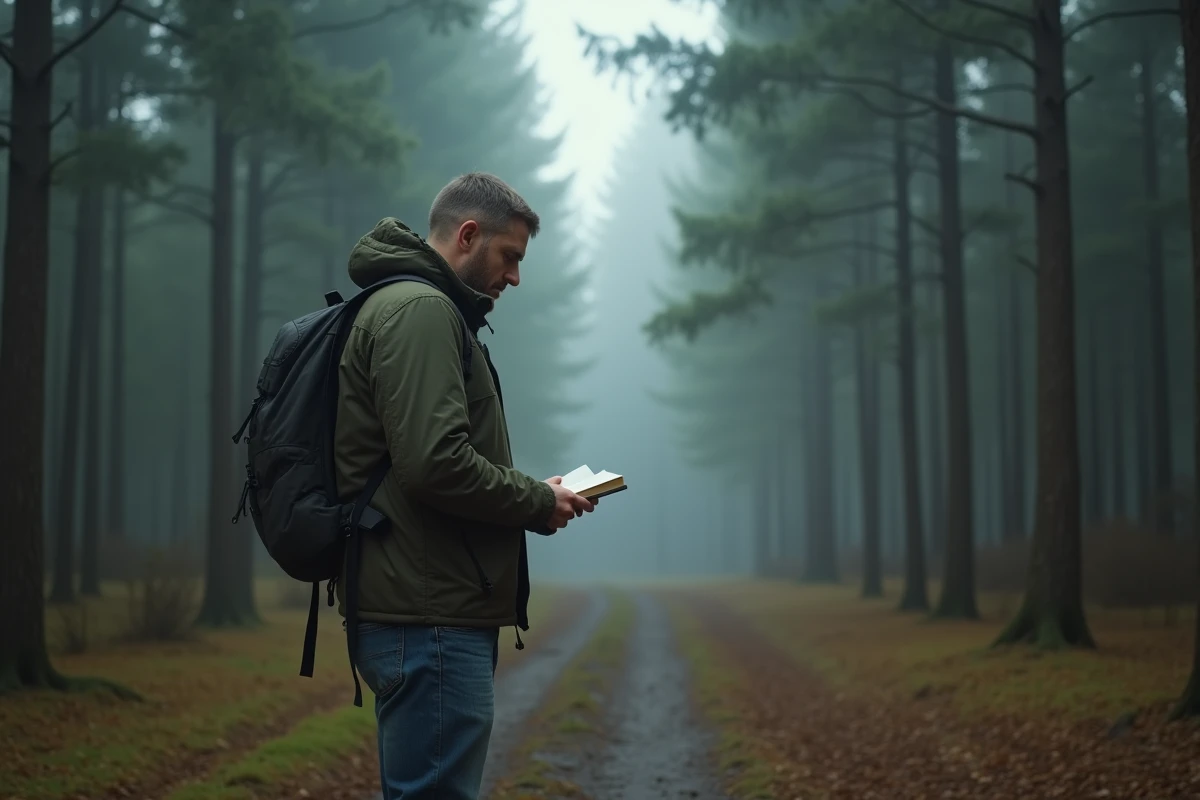 Homme seul sur un chemin brumeux tenant un journal intime, symbolisant la séparation définitive de la flamme jumelle