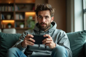 Homme jouant sur une console portable Sony dans un appartement moderne, illustrant le gaming nomade et le cloud gaming
