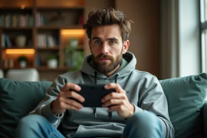 Homme jouant sur une console portable Sony dans un appartement moderne, illustrant le gaming nomade et le cloud gaming