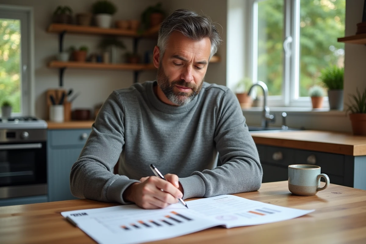 Homme détendu à la maison examinant des plans CRM imprimés