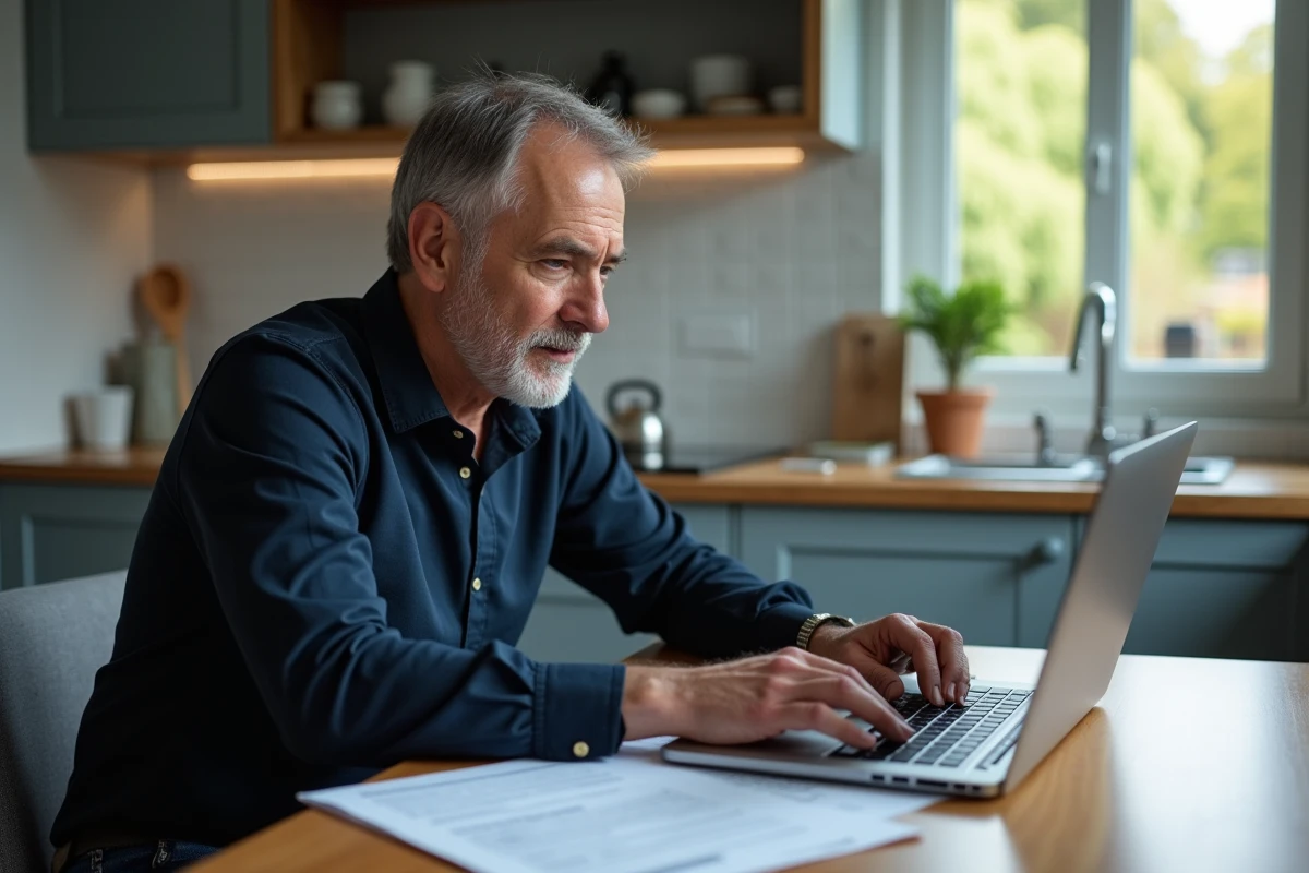 Homme consultant un site gouvernemental sur ordinateur portable pour compléter une démarche administrative incluant un lieu-dit dans son adresse