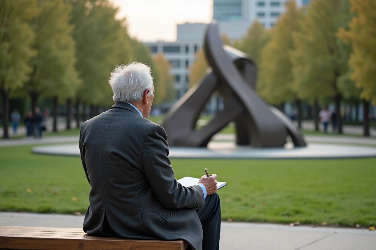 Homme âgé dessinant dans un parc de sculptures en plein air