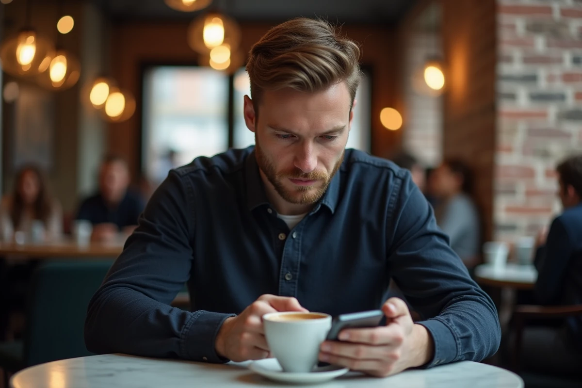 Homme dans un café regardant son téléphone de manière distante, symbolisant le silence émotionnel en couple