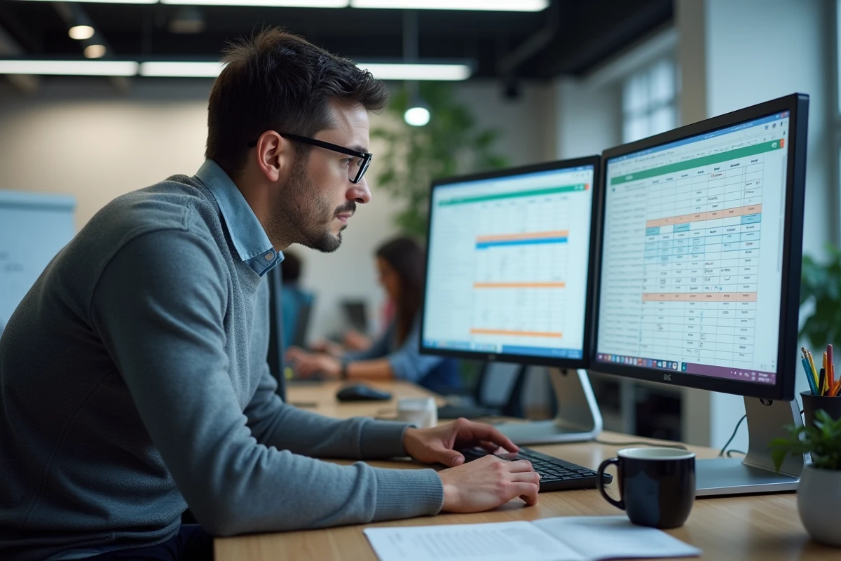 Homme consultant un tableau Excel de calendrier 2026 semaines paires et impaires sur ordinateur au bureau