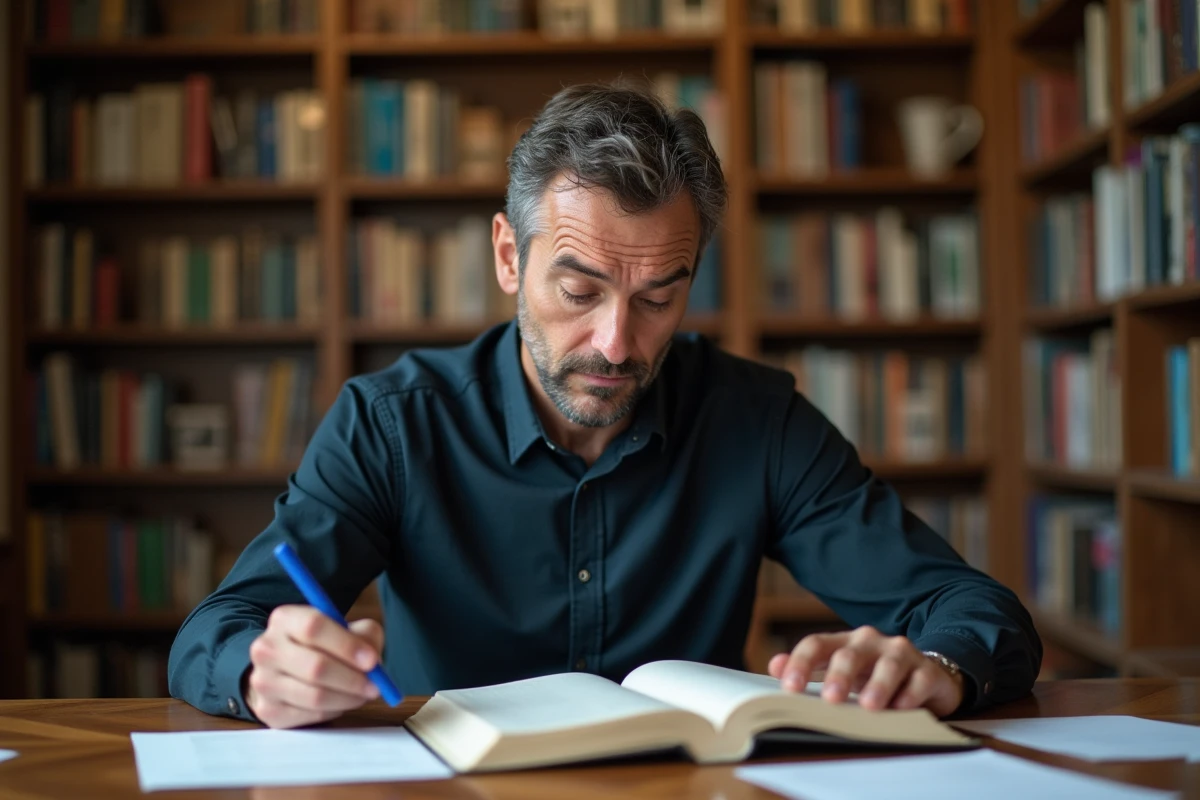 Homme lisant attentivement un manuel de grammaire française dans une bibliothèque publique avec des livres ouverts sur la table