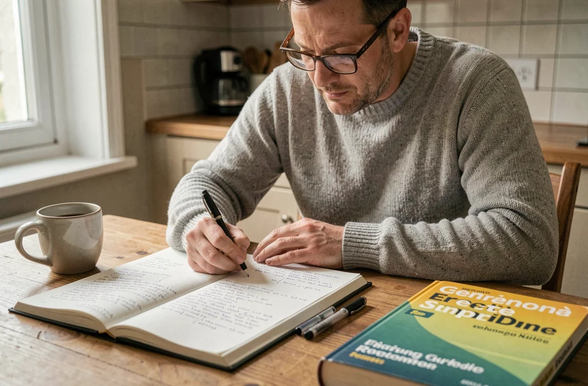 Homme consultant un livre de grammaire française avec un cahier de notes ouvert, représentant la recherche d'alternatives linguistiques et la correction rédactionnelle