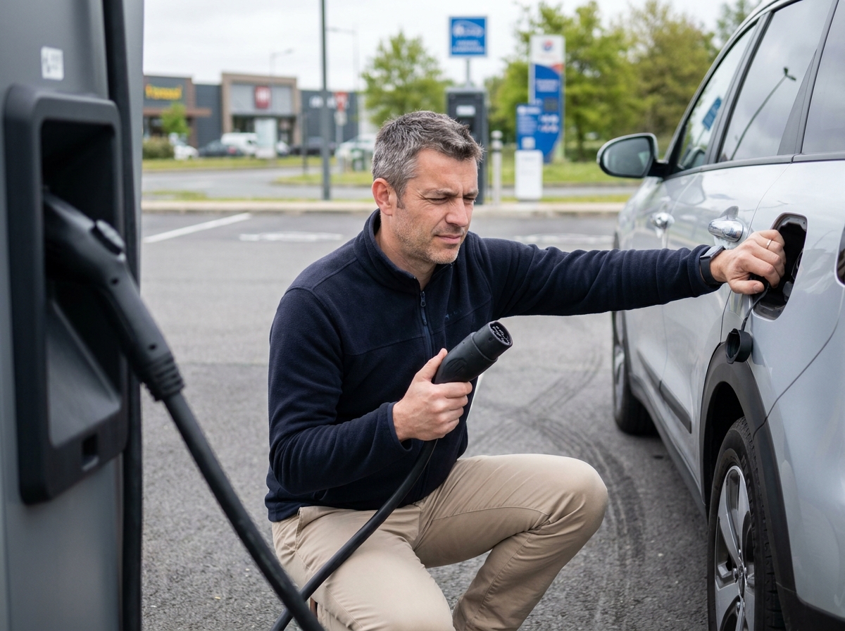 Homme inspectant le connecteur de recharge d'une voiture électrique en location à une borne rapide