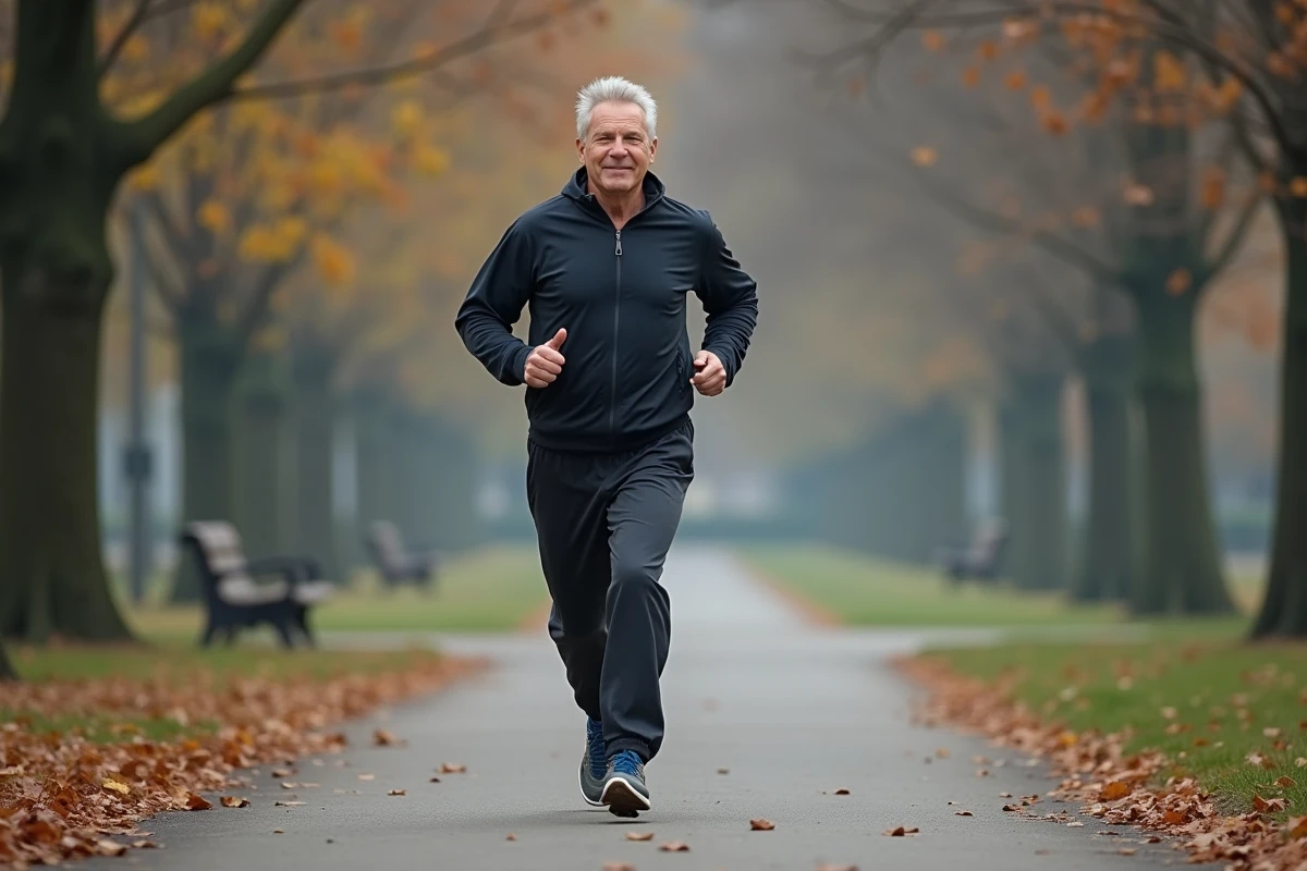 Homme courant dans un parc urbain en matinée fraîche