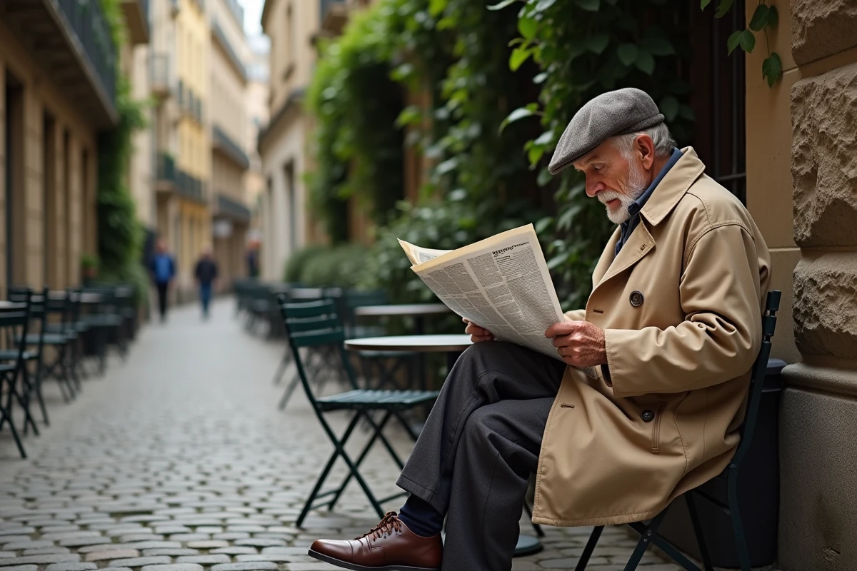 Homme âgé lisant un journal dans une cour parisienne