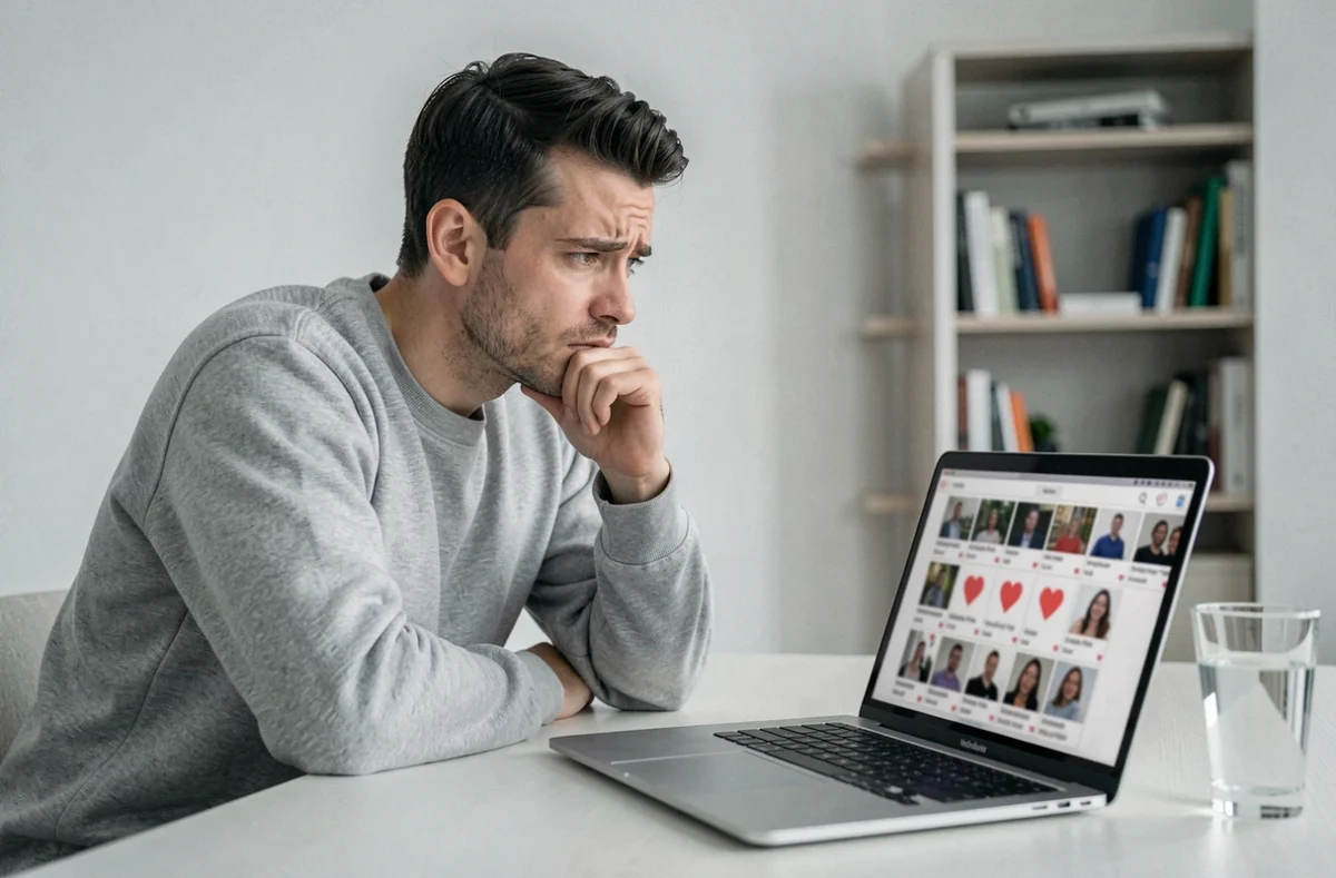 Homme scrutant les profils et les likes sur une application de rencontre depuis son bureau à domicile, cherchant à accéder aux fonctionnalités sans abonnement