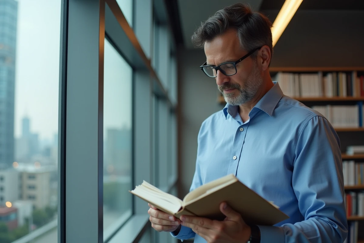 Homme lisant un journal scientifique près d une fenêtre urbaine