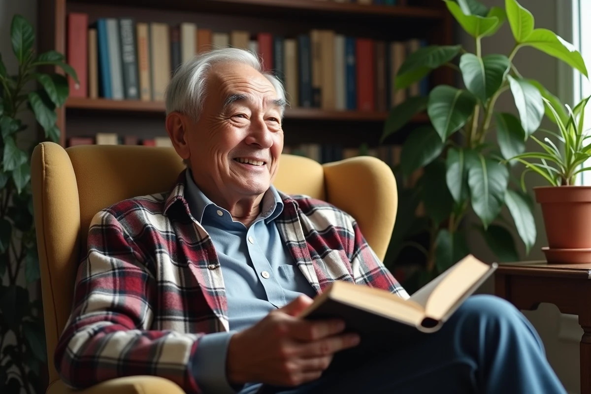 Homme âgé lisant dans un coin lecture chaleureux