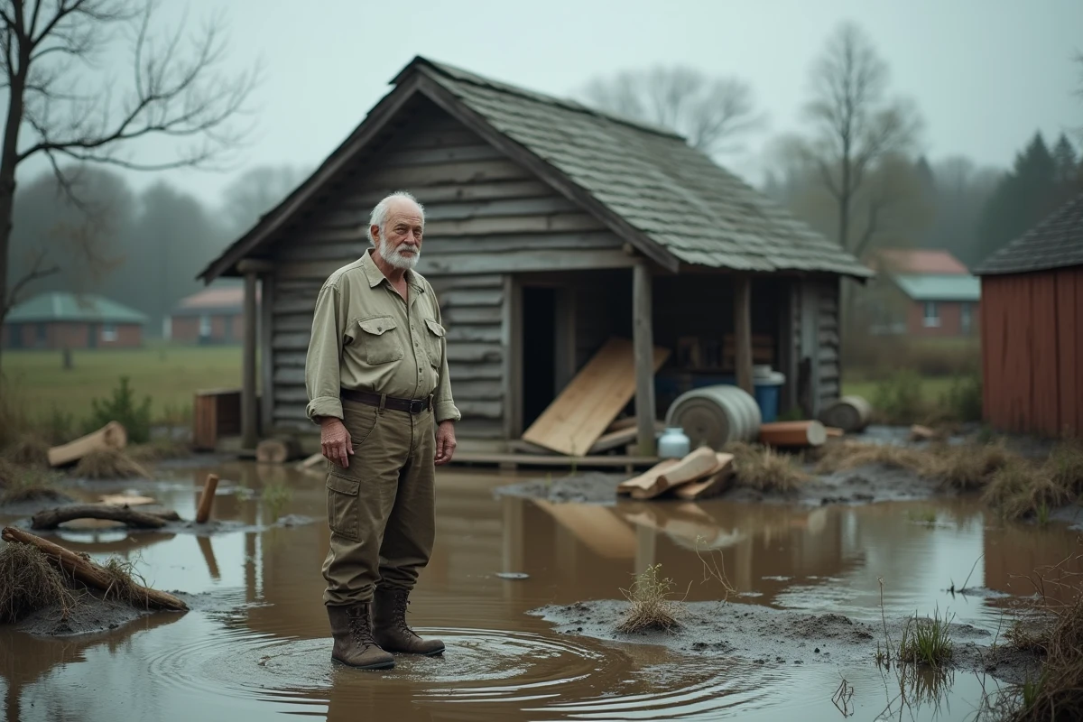 Homme devant maison détruite par l